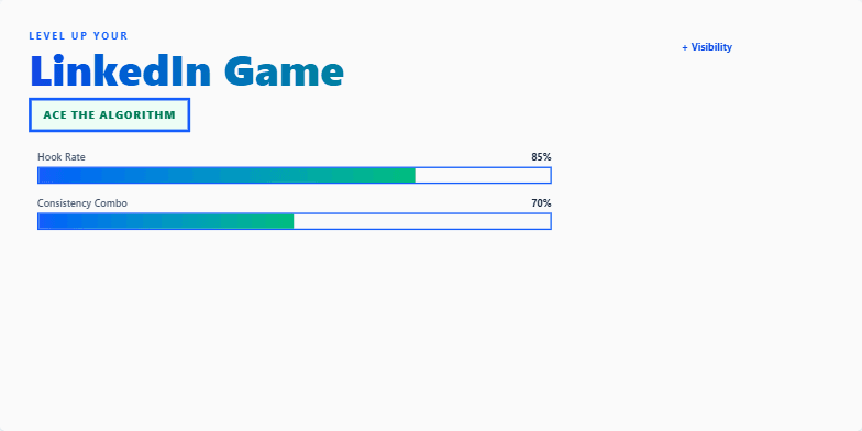 A slide with a retro gaming theme, showing animated progress bars for LinkedIn skills like 'Hook Rate' and 'Consistency Combo.' Pixelated icons of a trophy and star add to the 8-bit aesthetic.  Power-up chips provide tips for acing the LinkedIn algorithm. Fragment #2