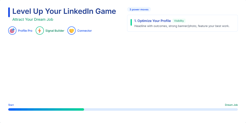 A slide titled 'Level Up Your LinkedIn Game: Attract Your Dream Job' with a progress bar visualizing three steps to LinkedIn optimization: Optimize Your Profile, Build Credible Signal, and Engage with Intent. The slide uses a vibrant blue and green color scheme and gamification elements like badges and level-up icons. Fragment #2
