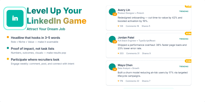 A slide showcasing tips for optimizing a LinkedIn profile.  A mock LinkedIn feed with sample posts highlights effective strategies.  The title 'Level Up Your LinkedIn Game: Attract Your Dream Job' emphasizes the presentation's focus. Teal and gold accents create a visually appealing design. Fragment #3