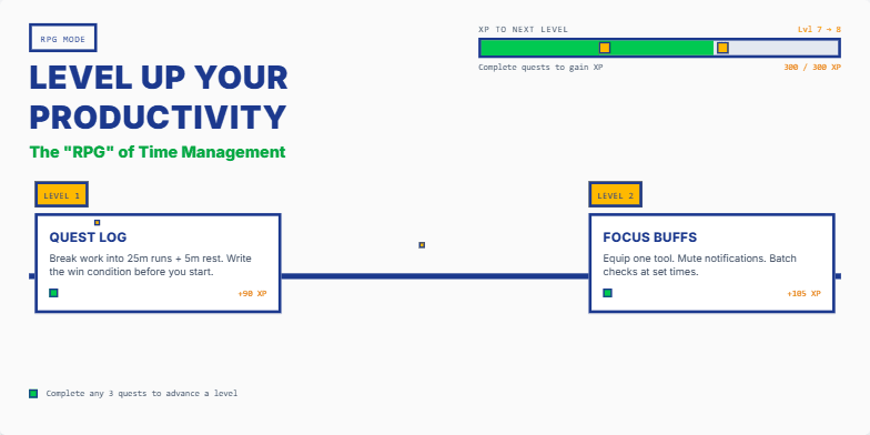 A pixel art inspired slide visualizing productivity as an RPG. An XP bar fills as quests are completed, leading to level-ups and unlocking new time management techniques. Fragment #2