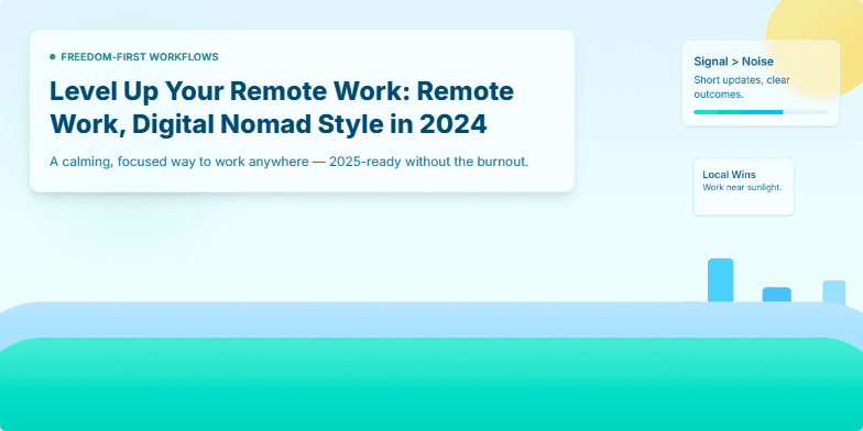 A slide showcasing the digital nomad lifestyle with a calming blue-green gradient background, parallax scrolling effect, and minimalist design elements.  The title 'Level Up Your Remote Work: Digital Nomad Style in 2024' is prominently displayed, accompanied by text blocks and visual elements highlighting key aspects of remote work, productivity, and freedom. Fragment #1