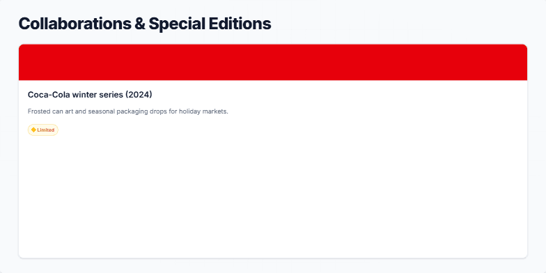Slide showcasing three collaborative projects: Coca-Cola winter series (limited edition), The Monsters x One Piece (limited edition), and Museum exclusives (exclusive). Fragment #2