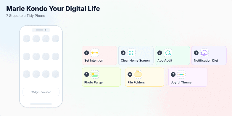 A slide titled 'Marie Kondo Your Digital Life: 7 Steps to a Tidy Phone.'  A stylized phone mockup is displayed alongside seven steps, each represented by a pastel-colored card with a hand-drawn icon. The design is minimalist and calming, with subtle animations. Fragment #3