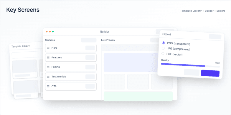 A slide showcasing a modular UI component system with examples of various components like template cards, form fields, and toolbars, highlighting consistent styling and accessibility features such as clear focus rings. Fragment #2