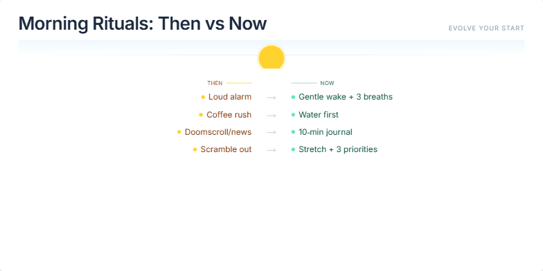 A slide titled 'Morning Rituals: Then vs Now' with a minimalist design. It contrasts sepia-toned 'then' activities like 'Loud alarm' and 'Coffee rush' with vibrant 'now' activities like 'Gentle wake + 3 breaths' and 'Water first'. A subtle sunrise animation adds warmth, and a right-pointing arrow signifies the positive shift towards mindfulness and productivity. Fragment #3