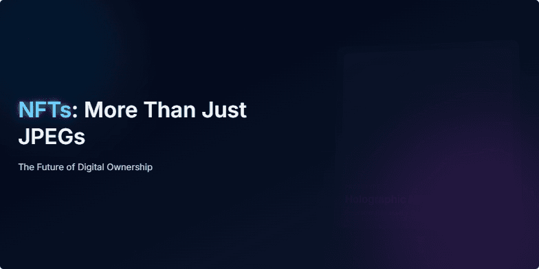 A dark slide with neon accents. The title 'NFTs: More Than Just JPEGs - The Future of Digital Ownership' glows in electric blue. Animated particles drift across the background. A holographic 3D model of an NFT rotates slowly. Fragment #1