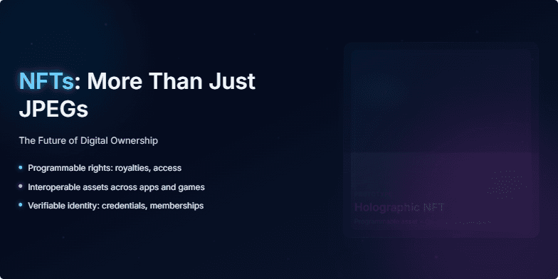 A dark slide with neon accents. The title 'NFTs: More Than Just JPEGs - The Future of Digital Ownership' glows in electric blue. Animated particles drift across the background. A holographic 3D model of an NFT rotates slowly. Fragment #2