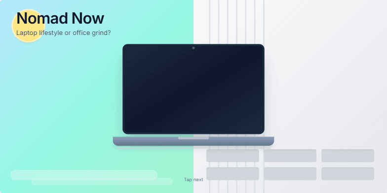 Split-screen image contrasting a vibrant tropical beach scene with a dull gray office environment. A laptop screen morphs into a window overlooking the beach, symbolizing the freedom of the digital nomad lifestyle.  Text reads 'Nomad Now: Laptop lifestyle or office grind?' followed by 'Choose your view.' Fragment #1