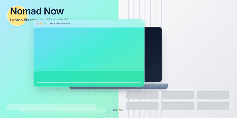 Split-screen image contrasting a vibrant tropical beach scene with a dull gray office environment. A laptop screen morphs into a window overlooking the beach, symbolizing the freedom of the digital nomad lifestyle.  Text reads 'Nomad Now: Laptop lifestyle or office grind?' followed by 'Choose your view.' Fragment #2