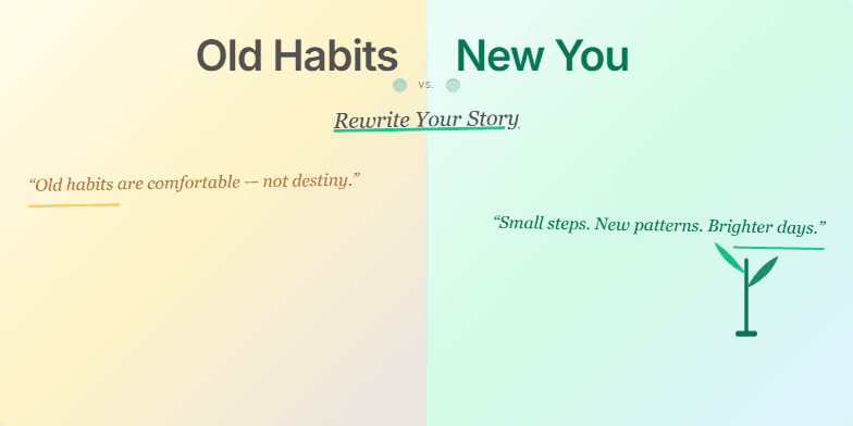 A split-screen slide with 'Old Habits' in faded sepia tones on the left and 'New You' in vibrant colors on the right. A growing plant symbolizes transformation, and inspiring quotes encourage personal growth. Fragment #3