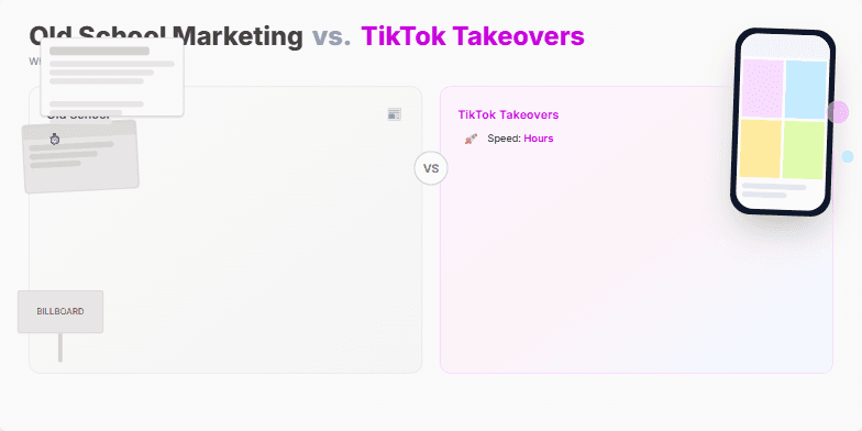 Split-screen slide contrasting Old School Marketing (newspaper, billboard) with TikTok Marketing (phone UI).  Highlights differences in speed, targeting, creative, and cost, emphasizing the power of blending both approaches. Fragment #3