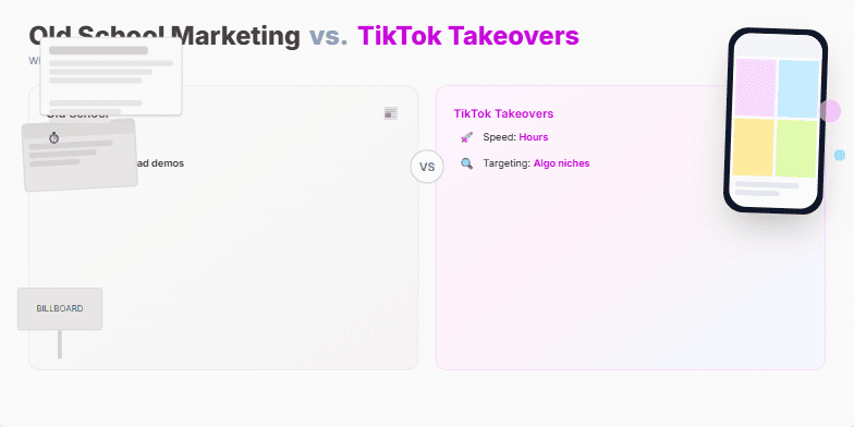 Split-screen slide contrasting Old School Marketing (newspaper, billboard) with TikTok Marketing (phone UI).  Highlights differences in speed, targeting, creative, and cost, emphasizing the power of blending both approaches. Fragment #4