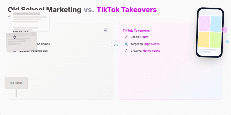 Split-screen slide contrasting Old School Marketing (newspaper, billboard) with TikTok Marketing (phone UI).  Highlights differences in speed, targeting, creative, and cost, emphasizing the power of blending both approaches. Fragment #5