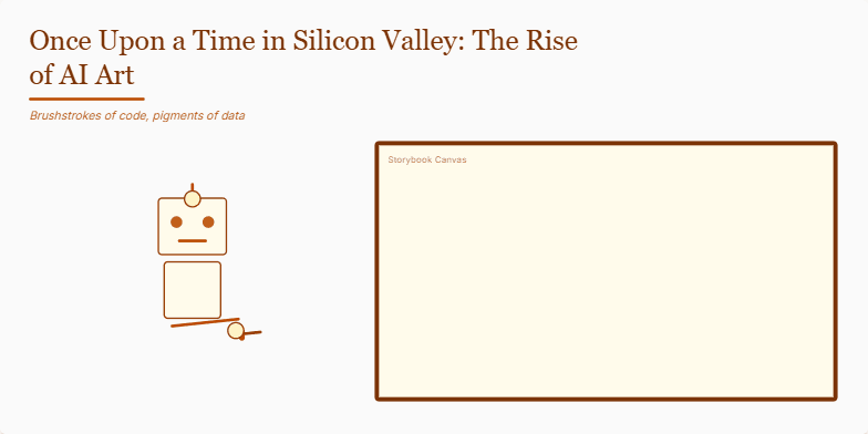 A parchment-colored slide with a whimsical robot painting on a canvas. Animated brushstrokes appear, showcasing AI-generated art, with the title 'Once Upon a Time in Silicon Valley: The Rise of AI Art'. Fragment #3