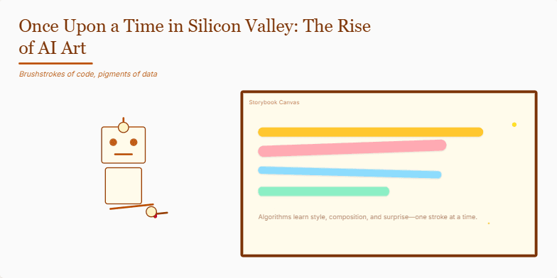 A parchment-colored slide with a whimsical robot painting on a canvas. Animated brushstrokes appear, showcasing AI-generated art, with the title 'Once Upon a Time in Silicon Valley: The Rise of AI Art'. Fragment #4