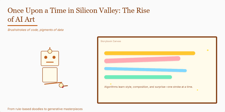 A parchment-colored slide with a whimsical robot painting on a canvas. Animated brushstrokes appear, showcasing AI-generated art, with the title 'Once Upon a Time in Silicon Valley: The Rise of AI Art'.