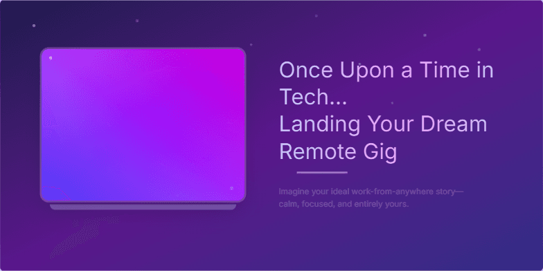 A glowing laptop floats amidst twinkling stars on a dark blue and purple background.  The title 'Once Upon a Time in Tech... Landing Your Dream Remote Gig' is written in a shimmering script font, evoking a sense of wonder and possibility.