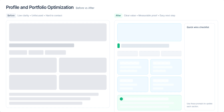 A slide titled 'Profile and Portfolio Optimization' with a 'Before vs After' comparison. The left side, labeled 'Before,' shows a generic wireframe of a profile in grayscale. The right side, labeled 'After,' displays a more structured and colorful wireframe, alongside a 'Quick wins checklist' with four checked items. Fragment #2