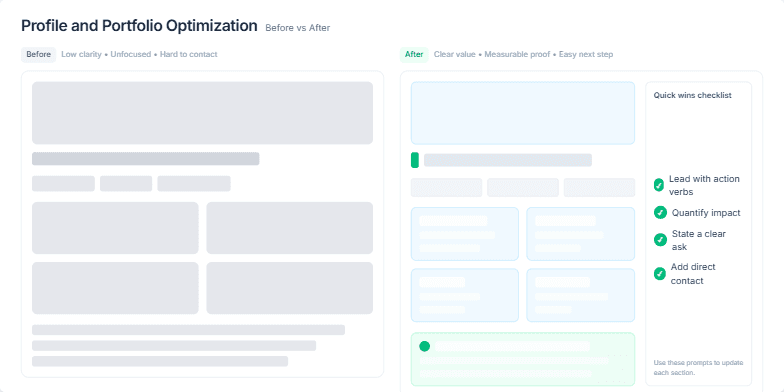 A slide titled 'Profile and Portfolio Optimization' with a 'Before vs After' comparison. The left side, labeled 'Before,' shows a generic wireframe of a profile in grayscale. The right side, labeled 'After,' displays a more structured and colorful wireframe, alongside a 'Quick wins checklist' with four checked items.