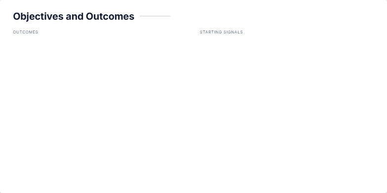 A slide titled 'Objectives and Outcomes' divided into two columns. The left column, labeled 'Outcomes,' lists four bullet points. The right column, labeled 'Starting Signals,' displays four metric cards for 'LinkedIn profile views', 'GitHub stars', 'Newsletter subs', and 'Speaking invites', each with a number that animates upwards. Fragment #1