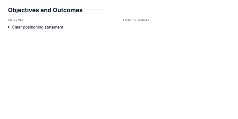 A slide titled 'Objectives and Outcomes' divided into two columns. The left column, labeled 'Outcomes,' lists four bullet points. The right column, labeled 'Starting Signals,' displays four metric cards for 'LinkedIn profile views', 'GitHub stars', 'Newsletter subs', and 'Speaking invites', each with a number that animates upwards. Fragment #2
