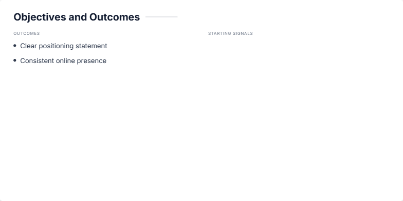 A slide titled 'Objectives and Outcomes' divided into two columns. The left column, labeled 'Outcomes,' lists four bullet points. The right column, labeled 'Starting Signals,' displays four metric cards for 'LinkedIn profile views', 'GitHub stars', 'Newsletter subs', and 'Speaking invites', each with a number that animates upwards. Fragment #3