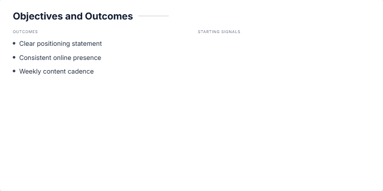 A slide titled 'Objectives and Outcomes' divided into two columns. The left column, labeled 'Outcomes,' lists four bullet points. The right column, labeled 'Starting Signals,' displays four metric cards for 'LinkedIn profile views', 'GitHub stars', 'Newsletter subs', and 'Speaking invites', each with a number that animates upwards. Fragment #4