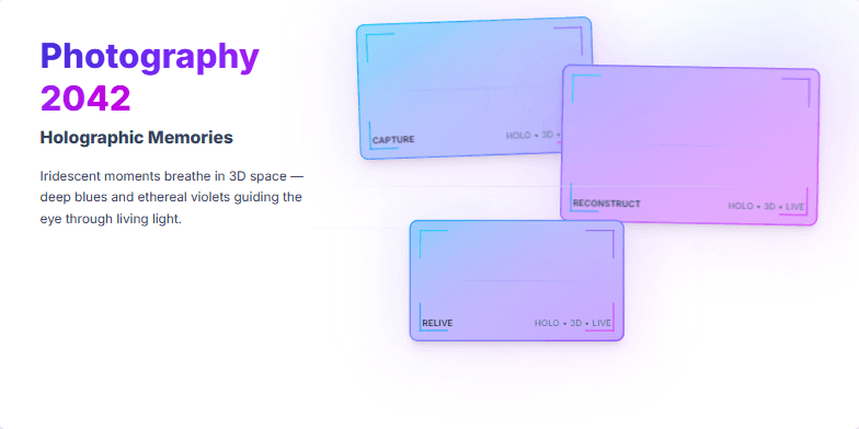 Futuristic slide showcasing holographic projections in shades of blue and violet, representing memories captured in 3D. Clean lines suggest advanced camera interfaces, hinting at the evolution of photography in 2042. Fragment #2