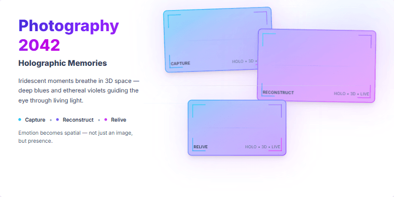 Futuristic slide showcasing holographic projections in shades of blue and violet, representing memories captured in 3D. Clean lines suggest advanced camera interfaces, hinting at the evolution of photography in 2042.