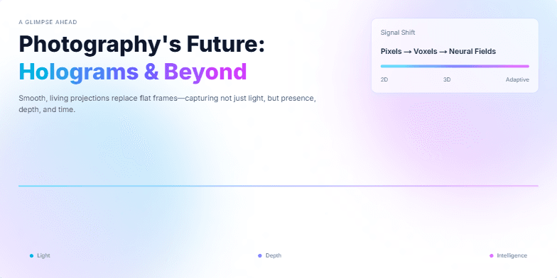 A futuristic slide showcasing the evolution of photography with holographic projections, animated particles, and a timeline illustrating the transition from 2D to 3D and neural lightfields. Fragment #1