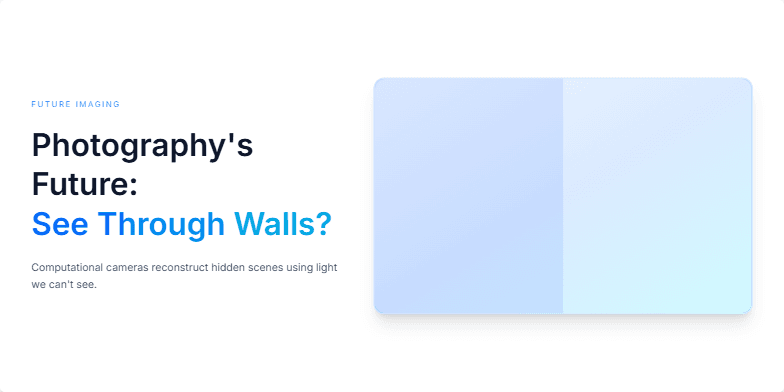 A slide with an electric blue background showcasing a ghostly image materializing behind a wall. Text reads 'Photography's Future: See Through Walls?'. Labels indicate the use of IR, THz, and RF technologies. Fragment #1