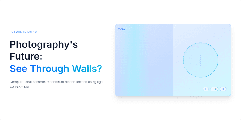 A slide with an electric blue background showcasing a ghostly image materializing behind a wall. Text reads 'Photography's Future: See Through Walls?'. Labels indicate the use of IR, THz, and RF technologies. Fragment #2