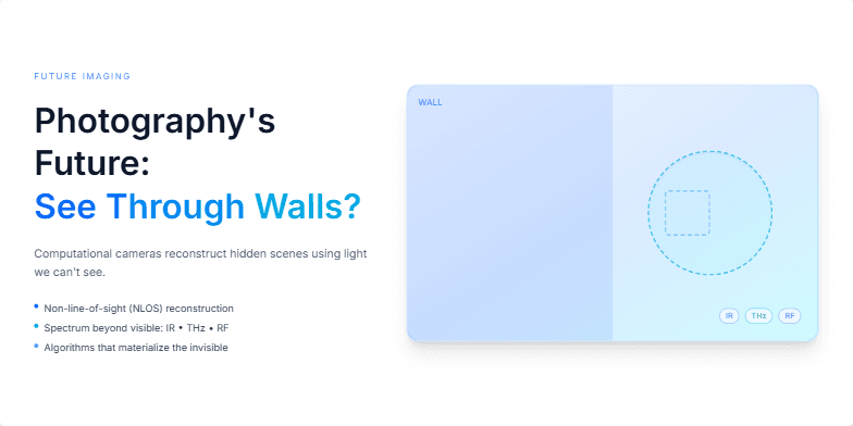 A slide with an electric blue background showcasing a ghostly image materializing behind a wall. Text reads 'Photography's Future: See Through Walls?'. Labels indicate the use of IR, THz, and RF technologies.