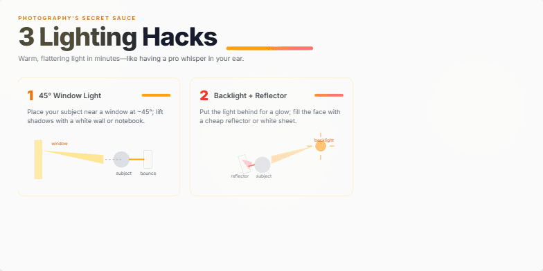 A slide titled 'Photography's Secret Sauce: 3 Lighting Hacks' showcasing three illustrated lighting techniques: 45° Window Light, Backlight + Reflector, and Diffuse & Feather, with warm color gradients and subtle light flares. Fragment #3
