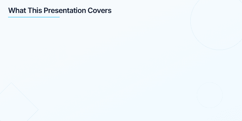 A slide titled 'What This Presentation Covers' with a bulleted list of topics including Criteria, UX & Workflow, Answer Style, Web & Citations, Reasoning, Creativity, Coding, Speed, and Pricing, Privacy, and Recommendations. Fragment #1