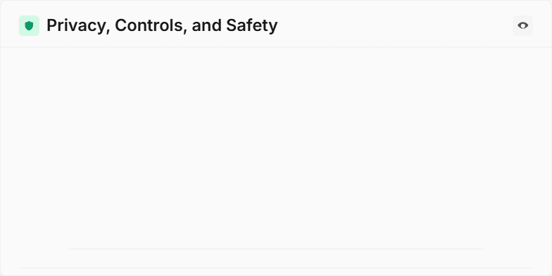 Slide on privacy, controls, and safety showcasing a checklist with icons, badges, and a title emphasizing responsible data handling. Fragment #1