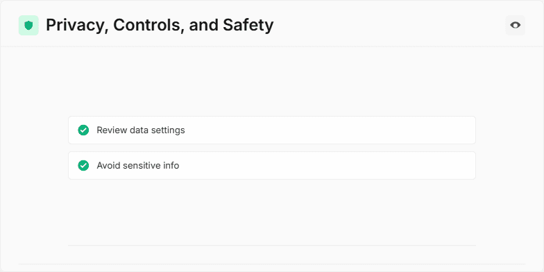 Slide on privacy, controls, and safety showcasing a checklist with icons, badges, and a title emphasizing responsible data handling. Fragment #3