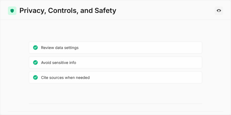Slide on privacy, controls, and safety showcasing a checklist with icons, badges, and a title emphasizing responsible data handling. Fragment #4