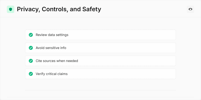 Slide on privacy, controls, and safety showcasing a checklist with icons, badges, and a title emphasizing responsible data handling. Fragment #5