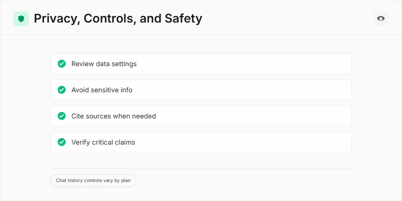 Slide on privacy, controls, and safety showcasing a checklist with icons, badges, and a title emphasizing responsible data handling. Fragment #6