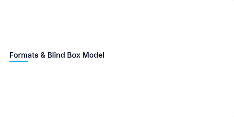 A stylized graphic of a blind box containing a question mark, representing the mystery element.  A star icon highlights the concept of rare “secret” figures.  Bullet points list key features of the product formats and the blind box model. Fragment #1