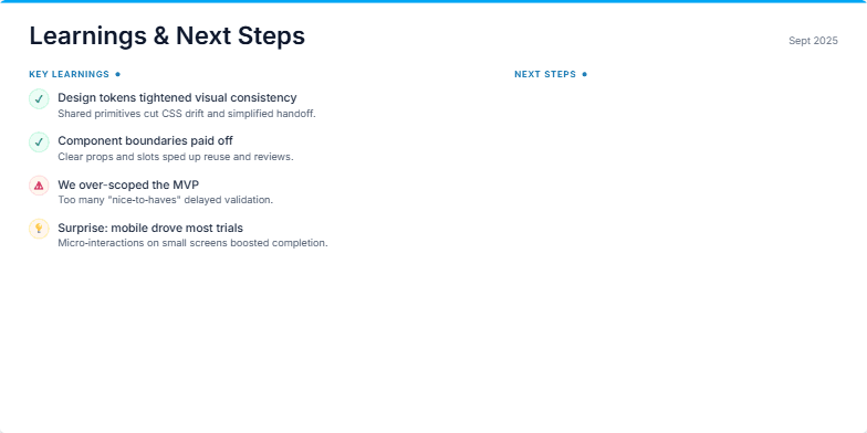 Slide showcasing project learnings and next steps. The left side lists key learnings with icons, while the right side presents a roadmap of next steps divided by quarter. A call-to-action button is placed at the bottom right. Fragment #2