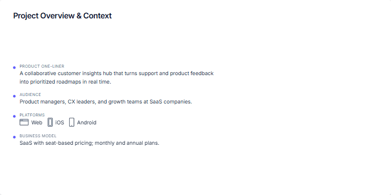 Slide displaying a project overview with sections for product details and key performance indicators. The left side features text descriptions of the product, audience, platforms, and business model. The right side showcases animated counters representing the MVP timeline in weeks, activation lift as a percentage, and the current NPS score. Fragment #5