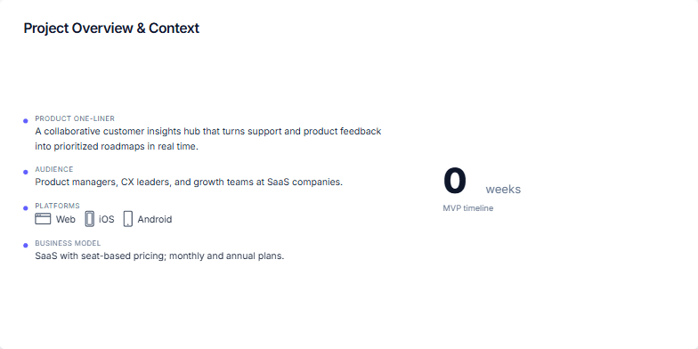 Slide displaying a project overview with sections for product details and key performance indicators. The left side features text descriptions of the product, audience, platforms, and business model. The right side showcases animated counters representing the MVP timeline in weeks, activation lift as a percentage, and the current NPS score. Fragment #6