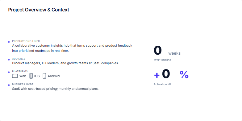 Slide displaying a project overview with sections for product details and key performance indicators. The left side features text descriptions of the product, audience, platforms, and business model. The right side showcases animated counters representing the MVP timeline in weeks, activation lift as a percentage, and the current NPS score. Fragment #7
