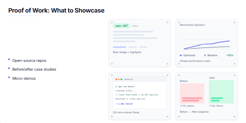 A slide titled 'Proof of Work: What to Showcase.' The left side lists six types of professional evidence. The right side displays four cards with visual examples: a repository badge, a performance benchmark chart, a command-line interface demo, and a before-and-after comparison. Fragment #4