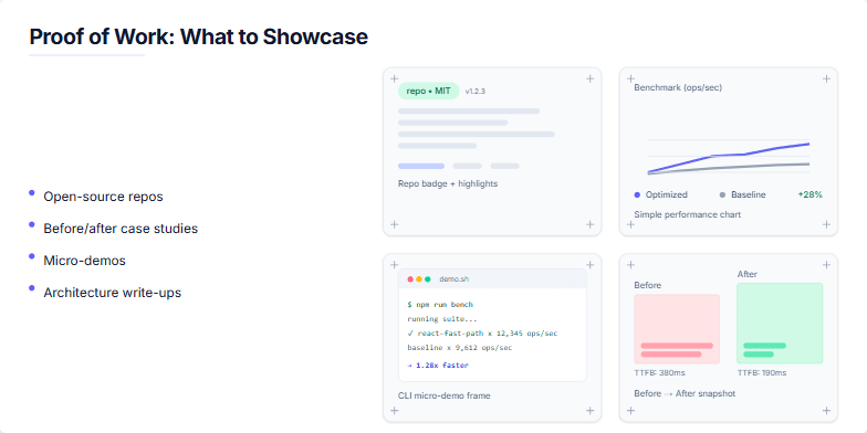 A slide titled 'Proof of Work: What to Showcase.' The left side lists six types of professional evidence. The right side displays four cards with visual examples: a repository badge, a performance benchmark chart, a command-line interface demo, and a before-and-after comparison. Fragment #5