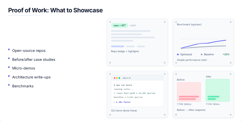 A slide titled 'Proof of Work: What to Showcase.' The left side lists six types of professional evidence. The right side displays four cards with visual examples: a repository badge, a performance benchmark chart, a command-line interface demo, and a before-and-after comparison. Fragment #6