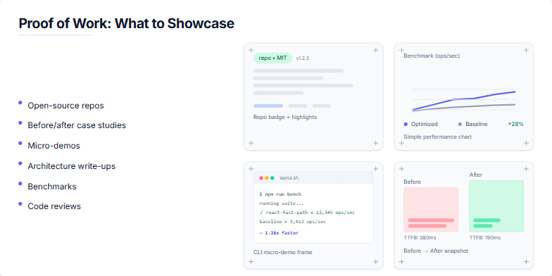 A slide titled 'Proof of Work: What to Showcase.' The left side lists six types of professional evidence. The right side displays four cards with visual examples: a repository badge, a performance benchmark chart, a command-line interface demo, and a before-and-after comparison.