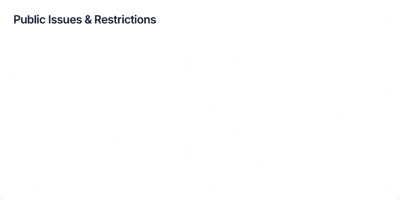 Slide displaying public issues and restrictions affecting product availability. It includes a title, 'Public Issues & Restrictions,' a list of specific restrictions in different regions (UK, Russia, Iraq), and a yellow and black caution banner. Fragment #1